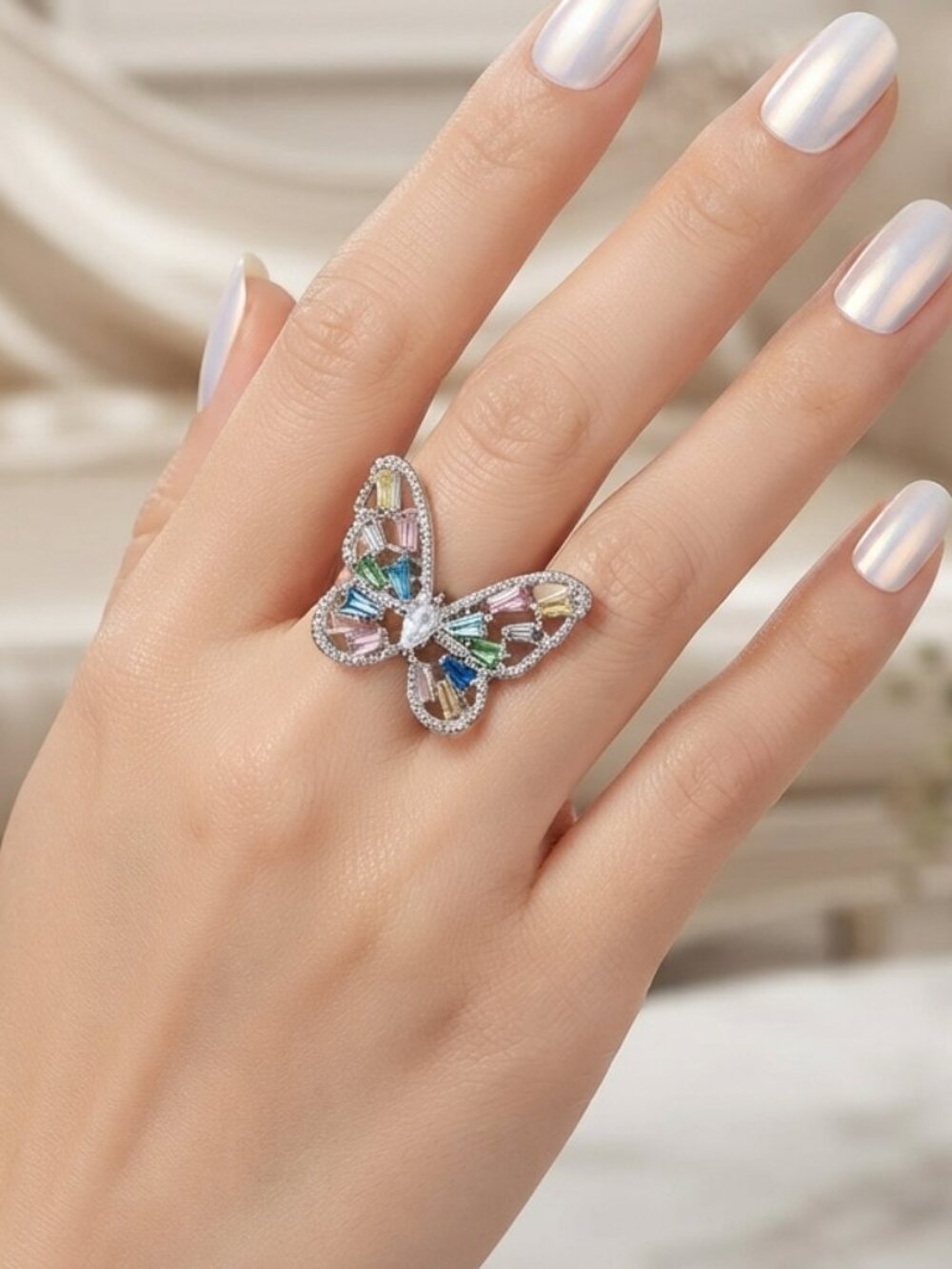 Adjustable Colorful Butterfly Ring Silver Plated Multi CZ Crystal Statement Jewe